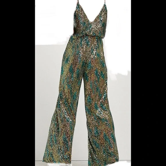 NWT river Island Green sequin wrap front jumpsuit UK 6 - Picture 2 of 5